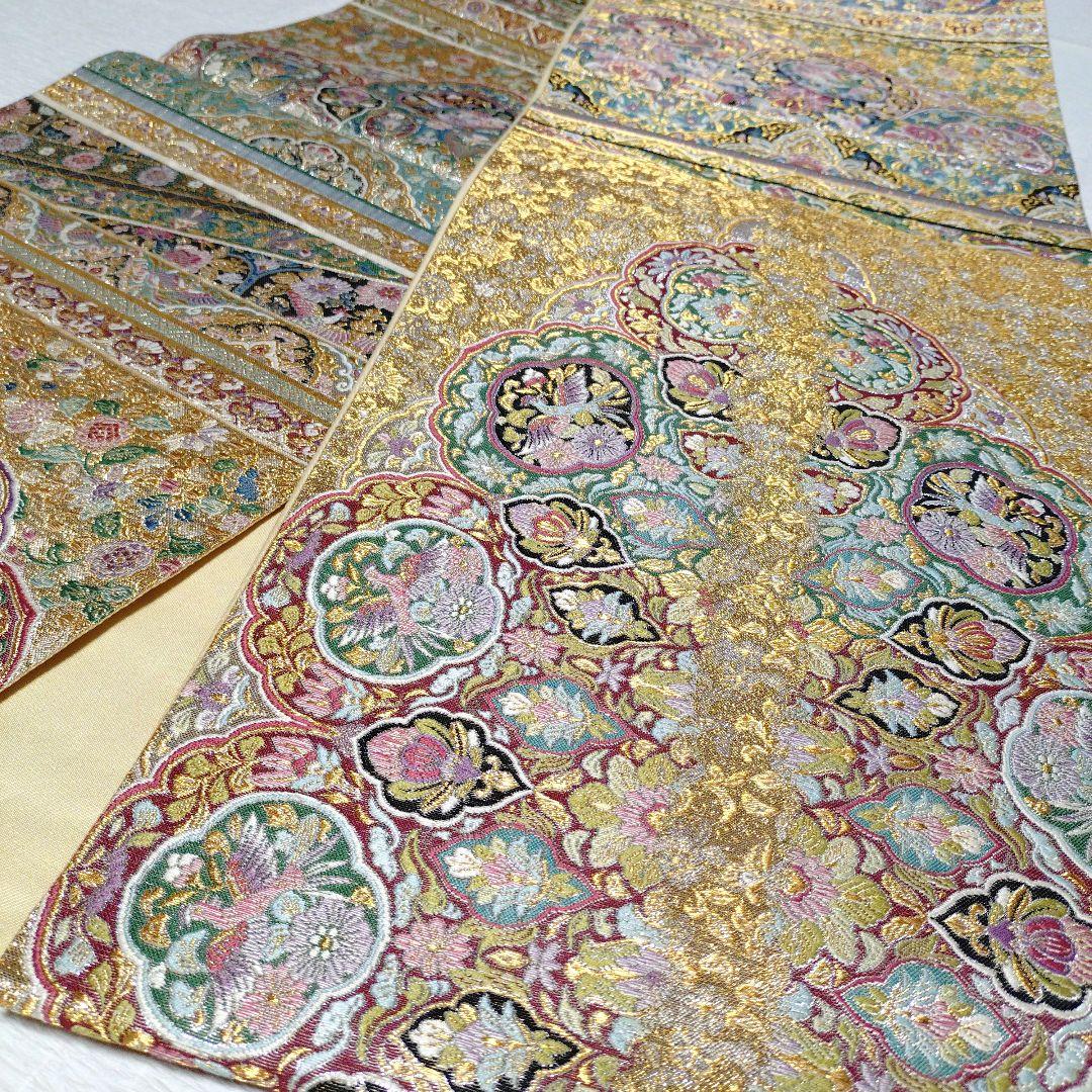 袋帯　横段吉鳥文　プラチナ箔　　正絹　全通