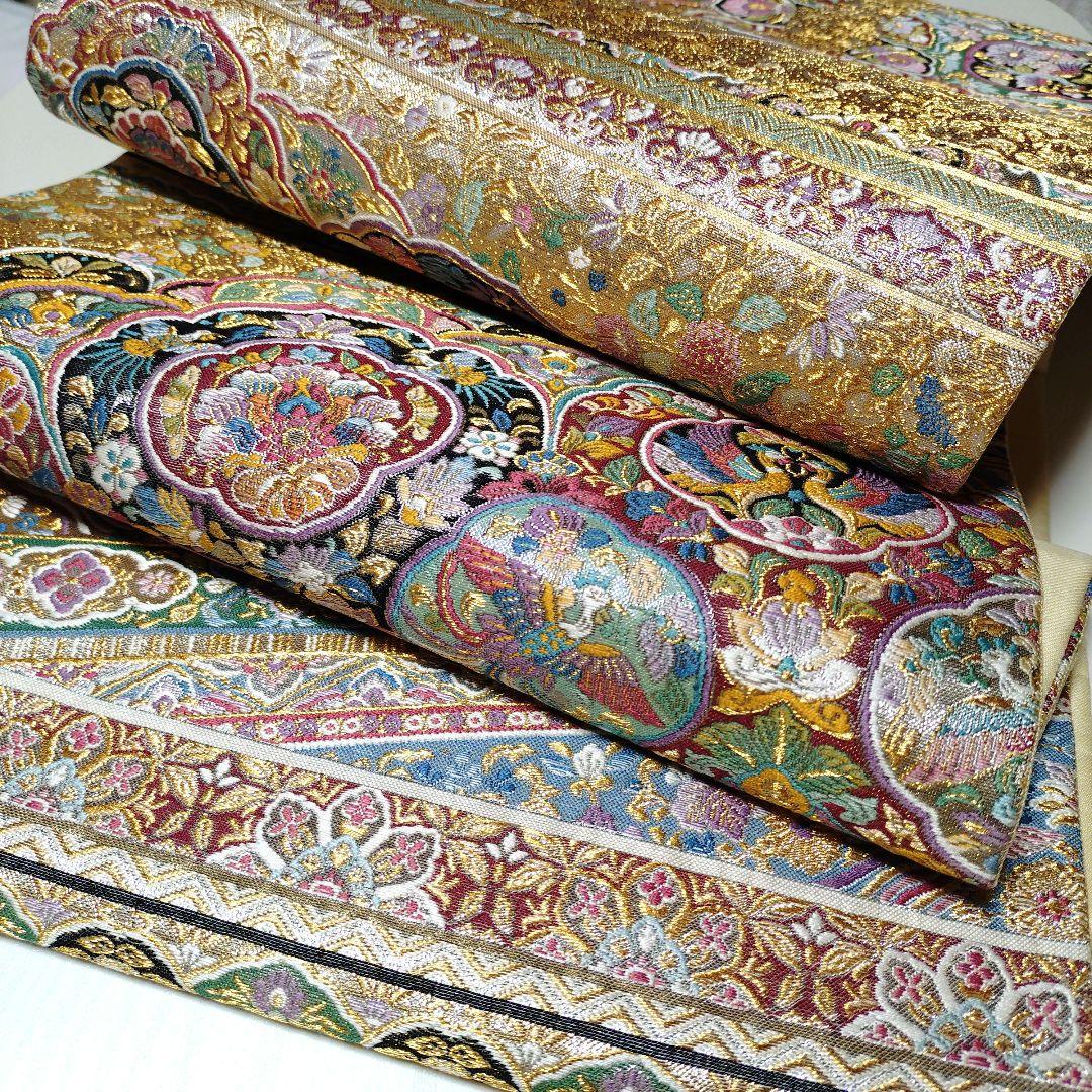 袋帯　横段吉鳥文　プラチナ箔　　正絹　全通