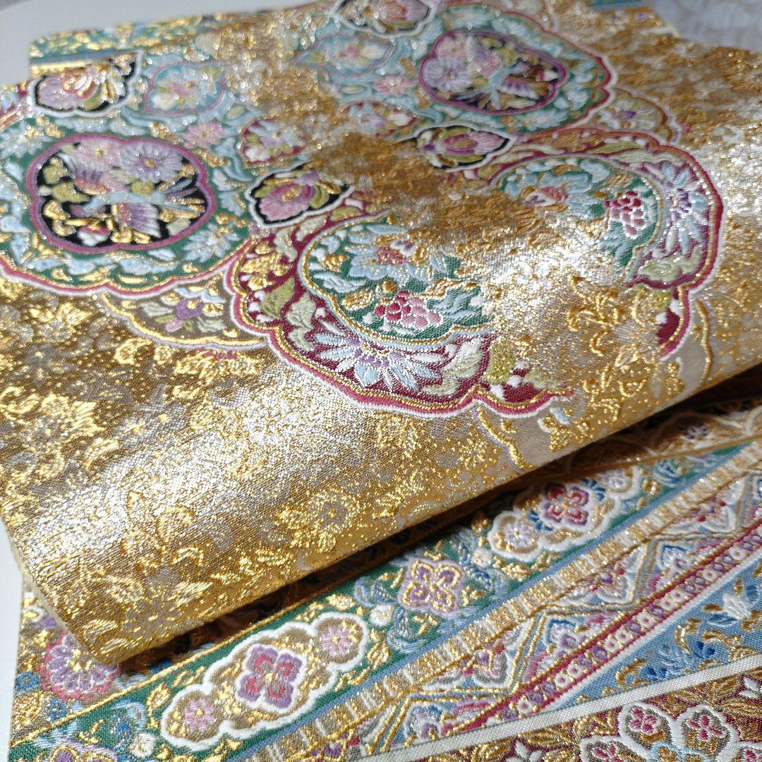 袋帯　横段吉鳥文　プラチナ箔　　正絹　全通