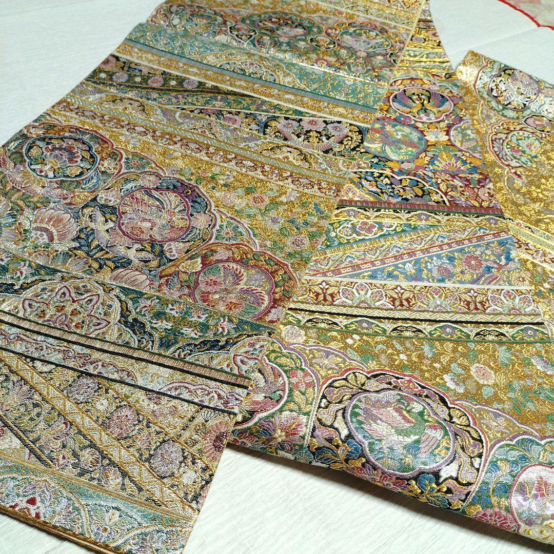 袋帯　横段吉鳥文　プラチナ箔　　正絹　全通