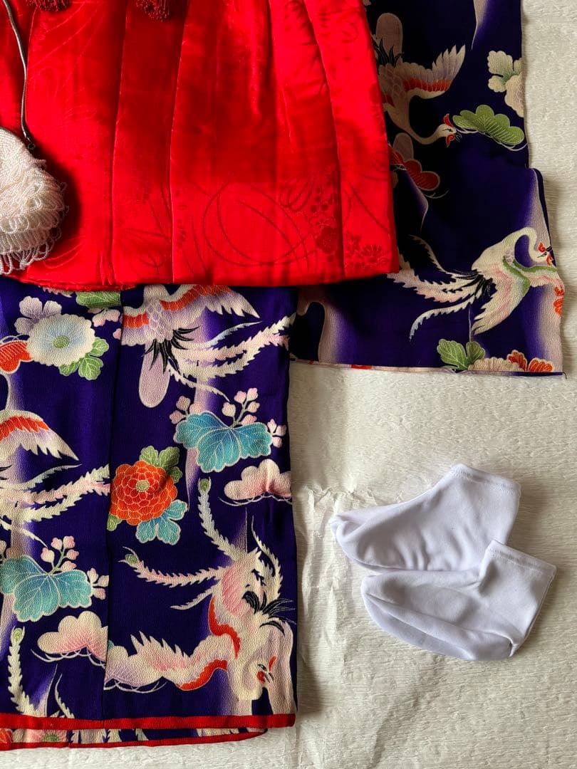 七五三に★アンティーク　大正縮緬　紫色に鳳凰　3歳着物セット