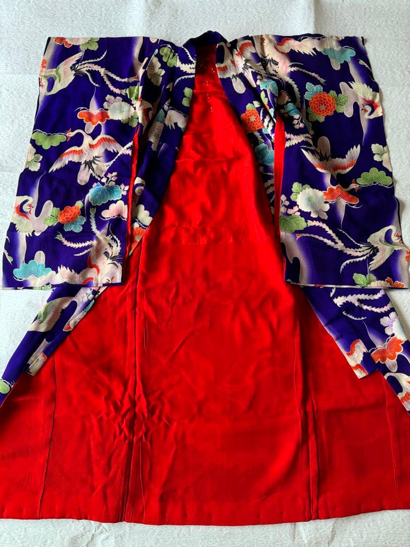 七五三に★アンティーク　大正縮緬　紫色に鳳凰　3歳着物セット