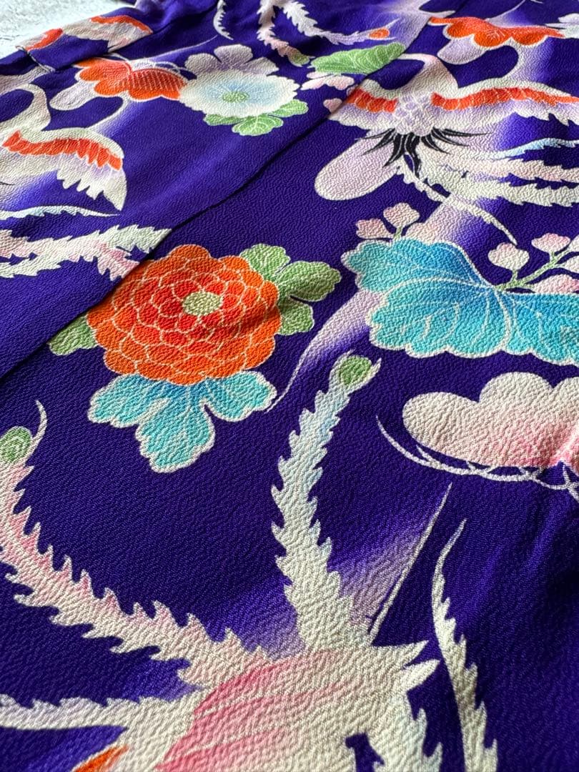 七五三に★アンティーク　大正縮緬　紫色に鳳凰　3歳着物セット