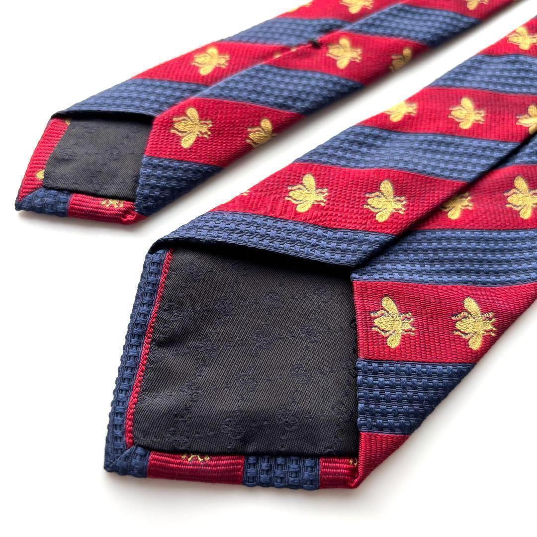 ꧁美品꧂ グッチ ネクタイ ナロータイ GG柄 蜂 ストライプ レッド ブルー