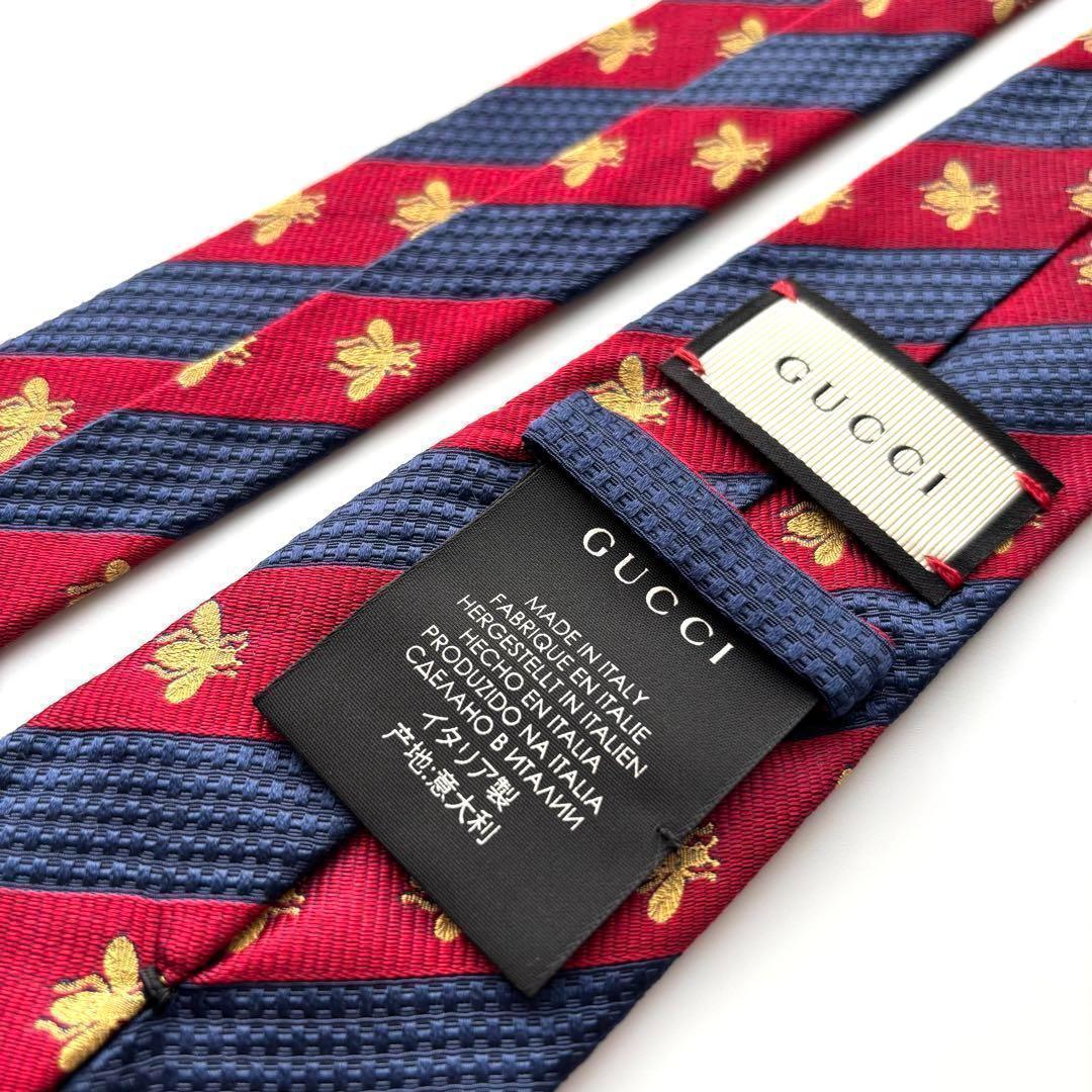 ꧁美品꧂ グッチ ネクタイ ナロータイ GG柄 蜂 ストライプ レッド ブルー