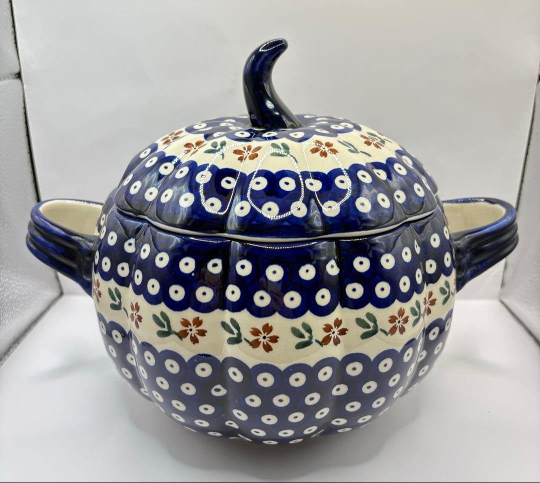 【ポーリッシュポタリー】かぼちゃ型チューリン１点とスープ皿２点の３点セット