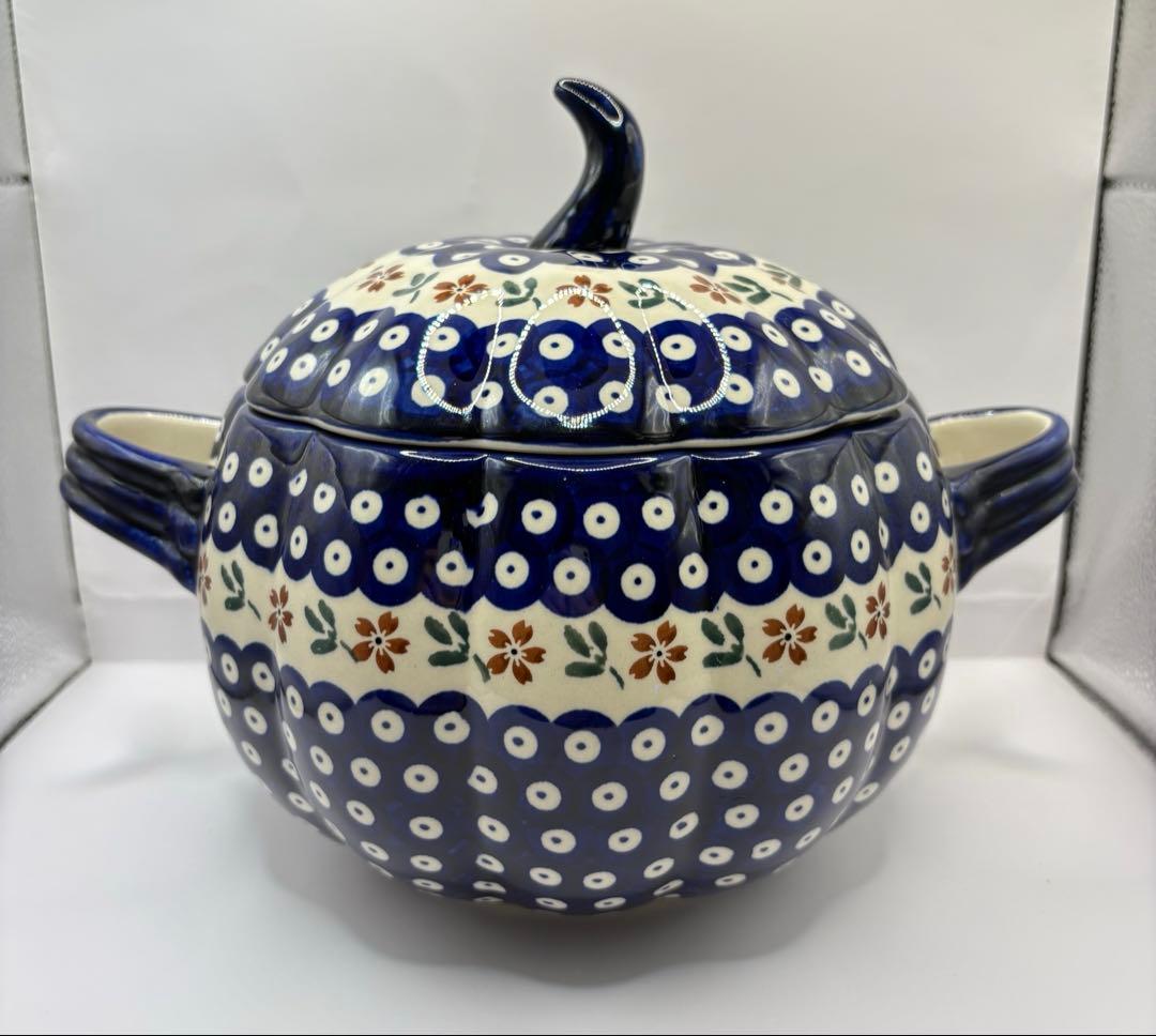 【ポーリッシュポタリー】かぼちゃ型チューリン１点とスープ皿２点の３点セット