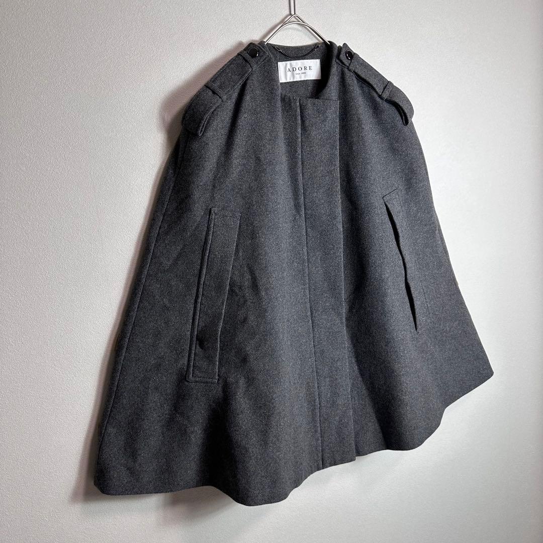 アドーア　ポンチョ　コート　グレー　エポレット　ノーカラー　ケープコート　M