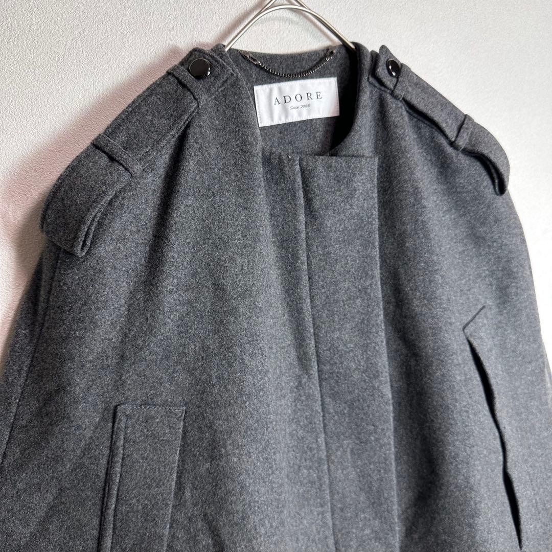 アドーア　ポンチョ　コート　グレー　エポレット　ノーカラー　ケープコート　M