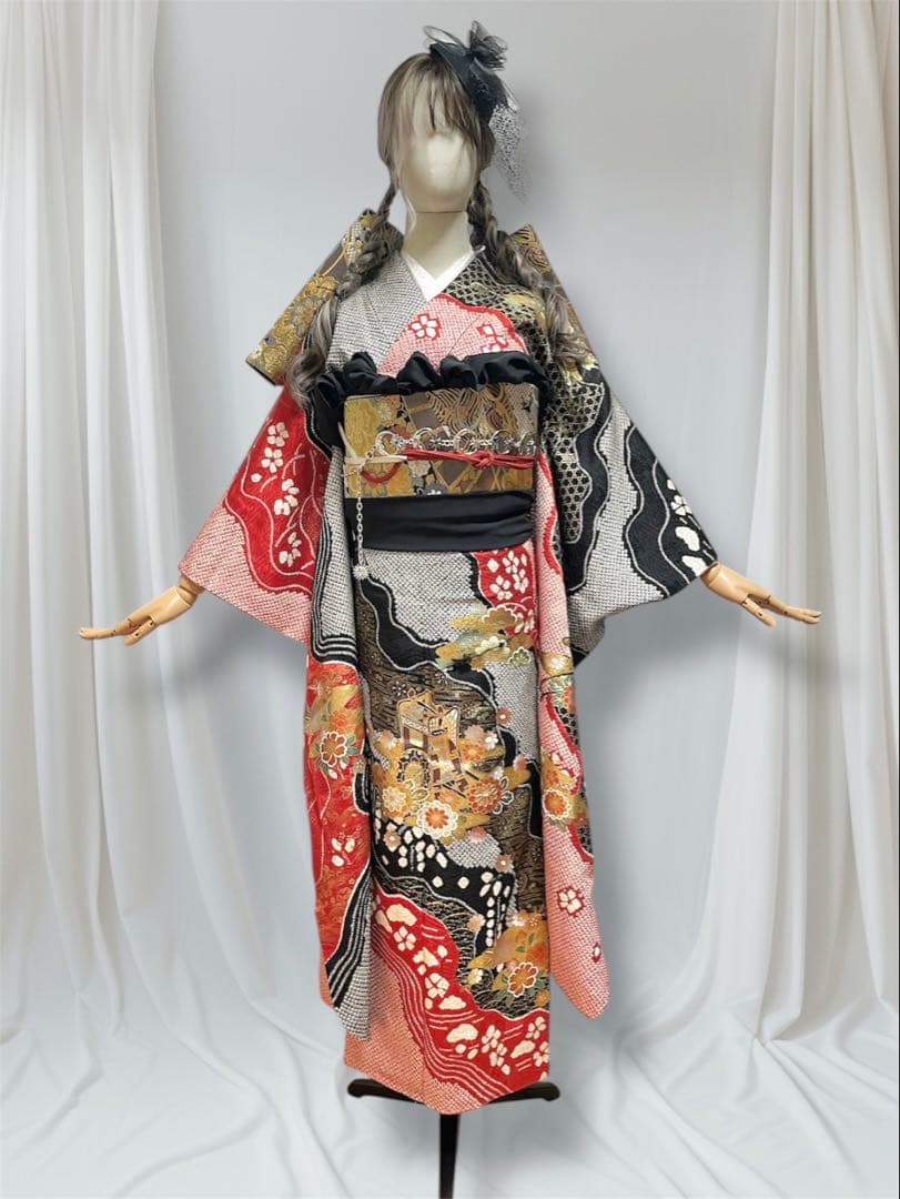 振袖フルセット 赤黒 手絞り 金彩