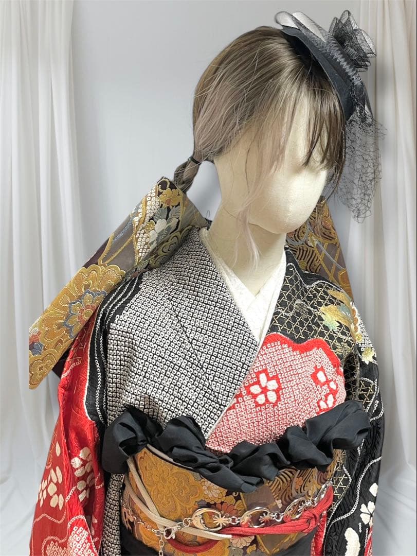 振袖フルセット 赤黒 手絞り 金彩