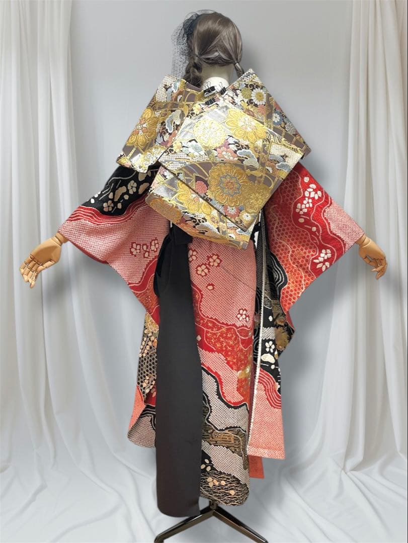 振袖フルセット 赤黒 手絞り 金彩