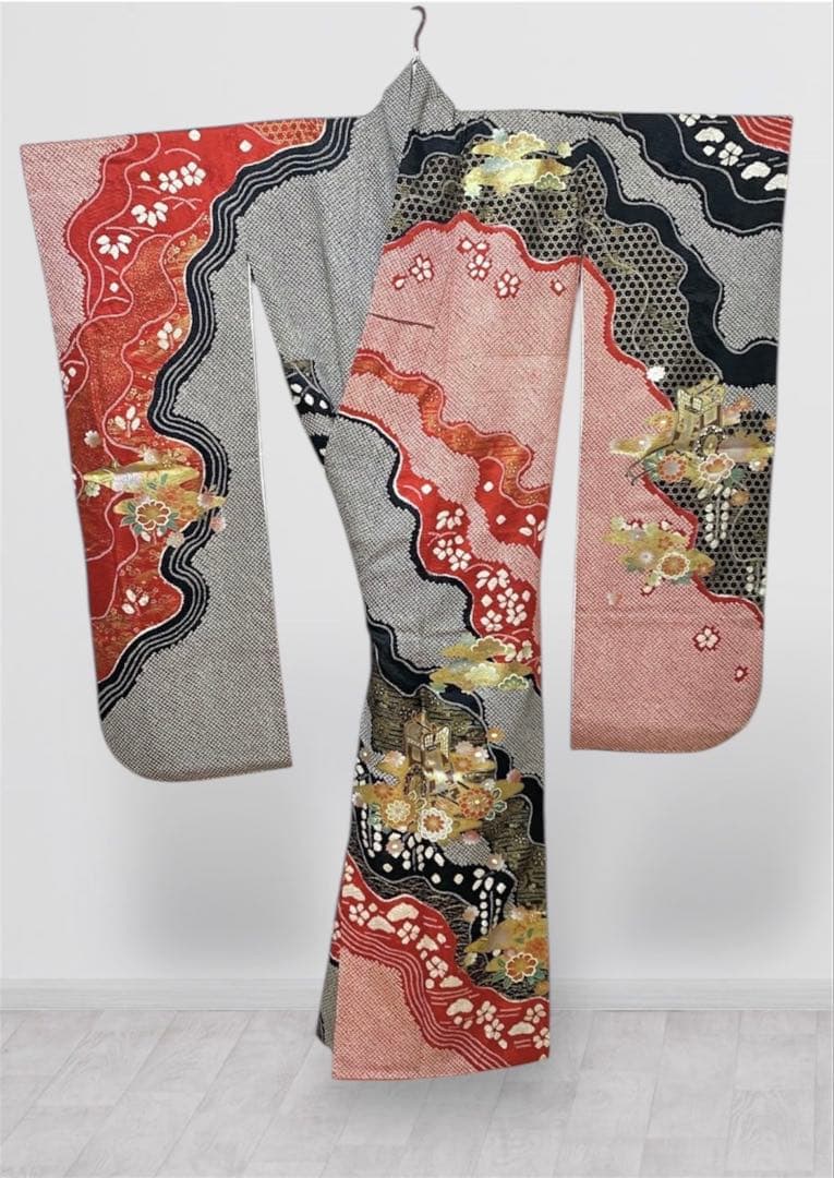 振袖フルセット 赤黒 手絞り 金彩