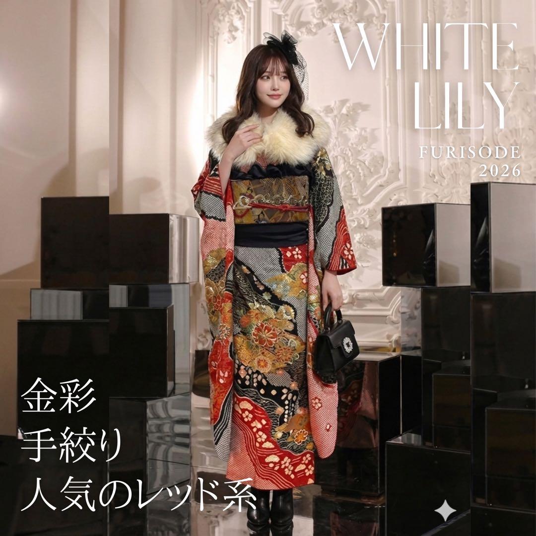 振袖フルセット 赤黒 手絞り 金彩