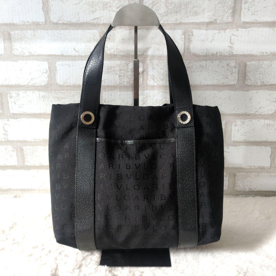ブラックキャンバス　レザーブルガリロゴマニアトートバッグ黒 トートバッグ