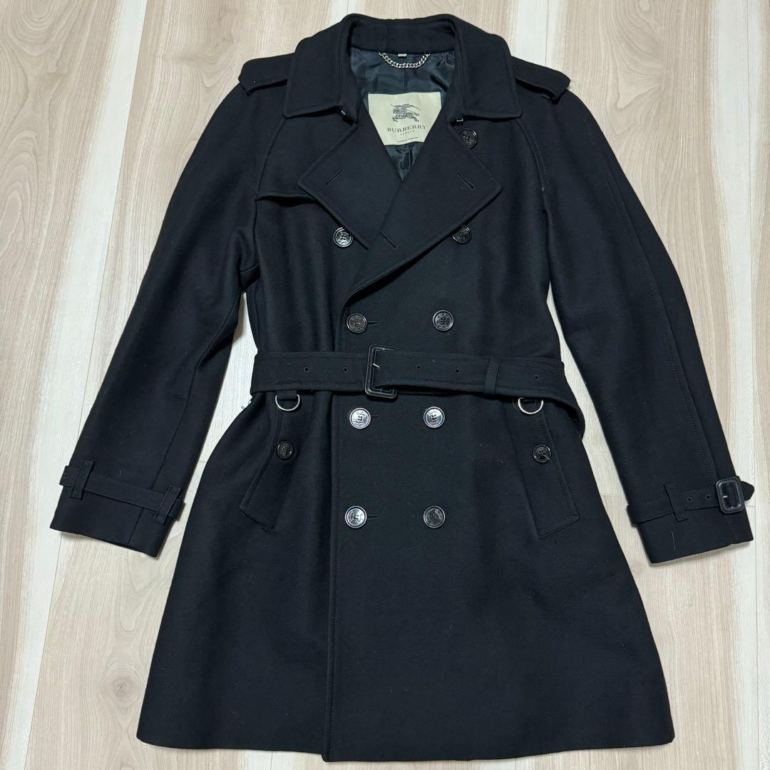 美品 バーバリーロンドン 最高級 裏地チェック ブラック ウールコート