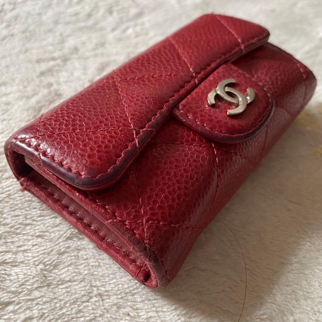 CHANEL レザー キーケース　シャネル　赤　キャビアスキン　マトラッセ