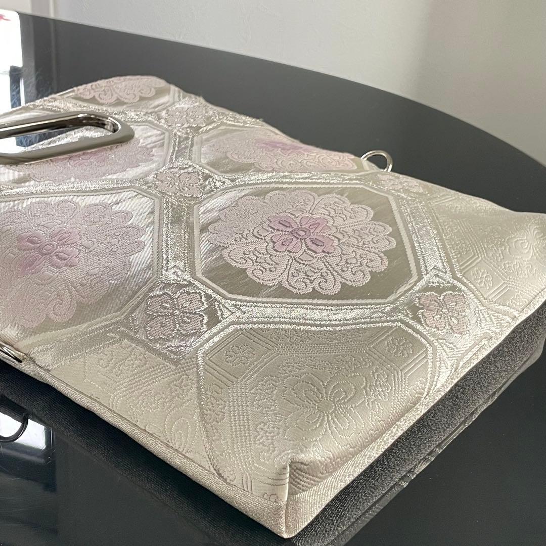 帯帯リメイク3wayバッグ　和装バッグ　シルバーと紫の蜀江文　チェーン付