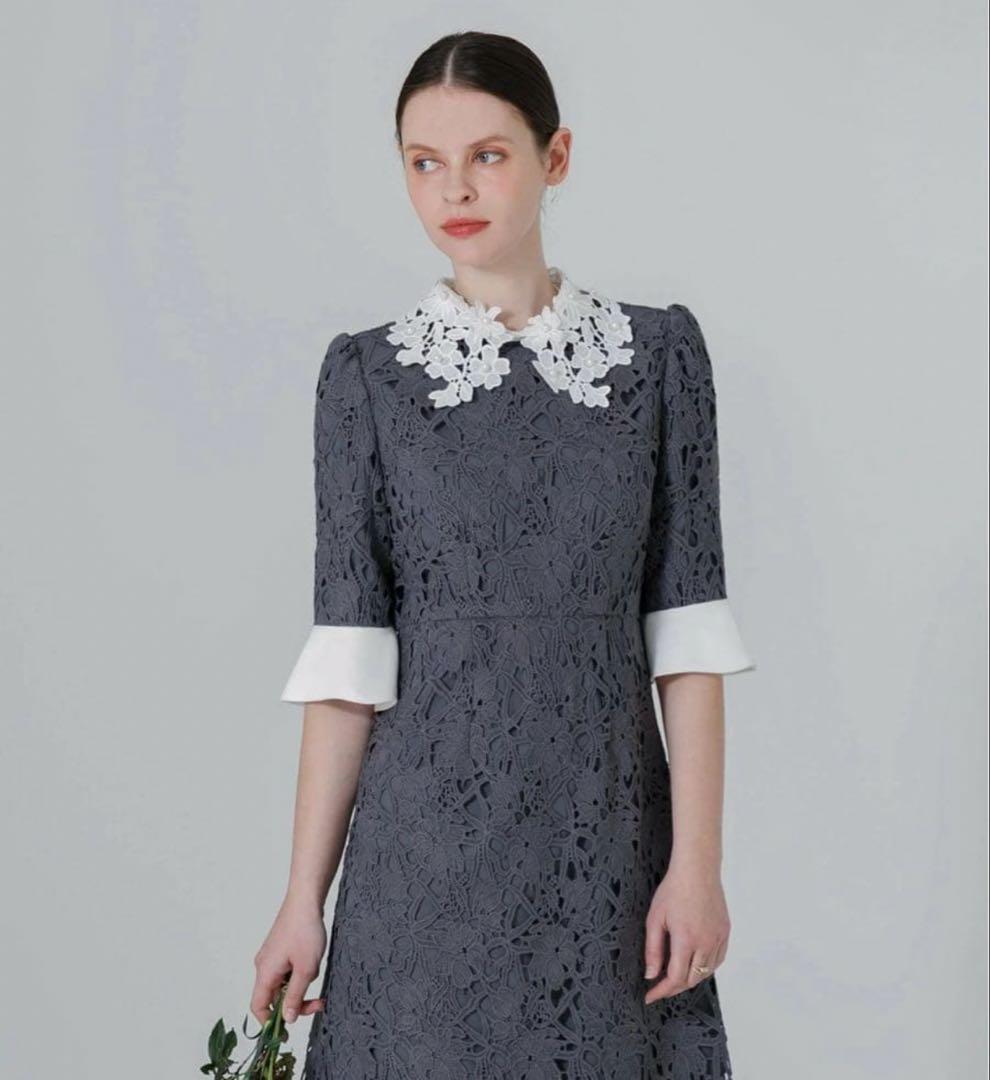 LEJA 花柄レースカラースパンコールAラインワンピース