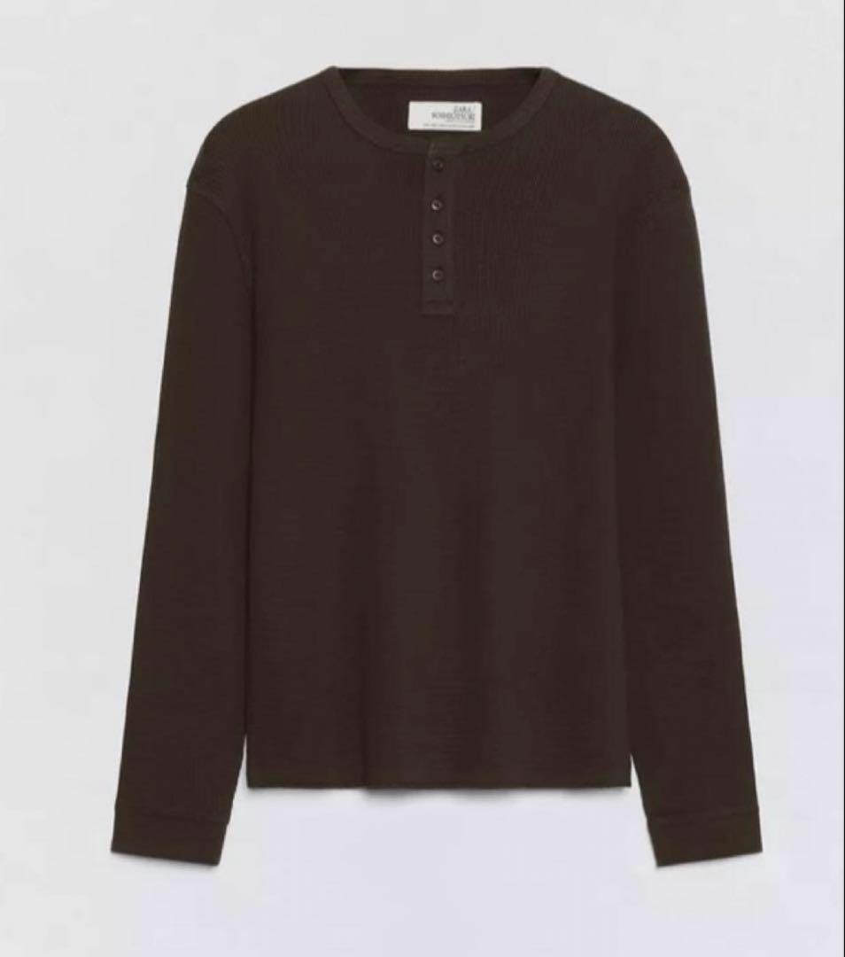 S zara soshiotsuki ヘンリーネックワッフルTシャツ　ブラウン