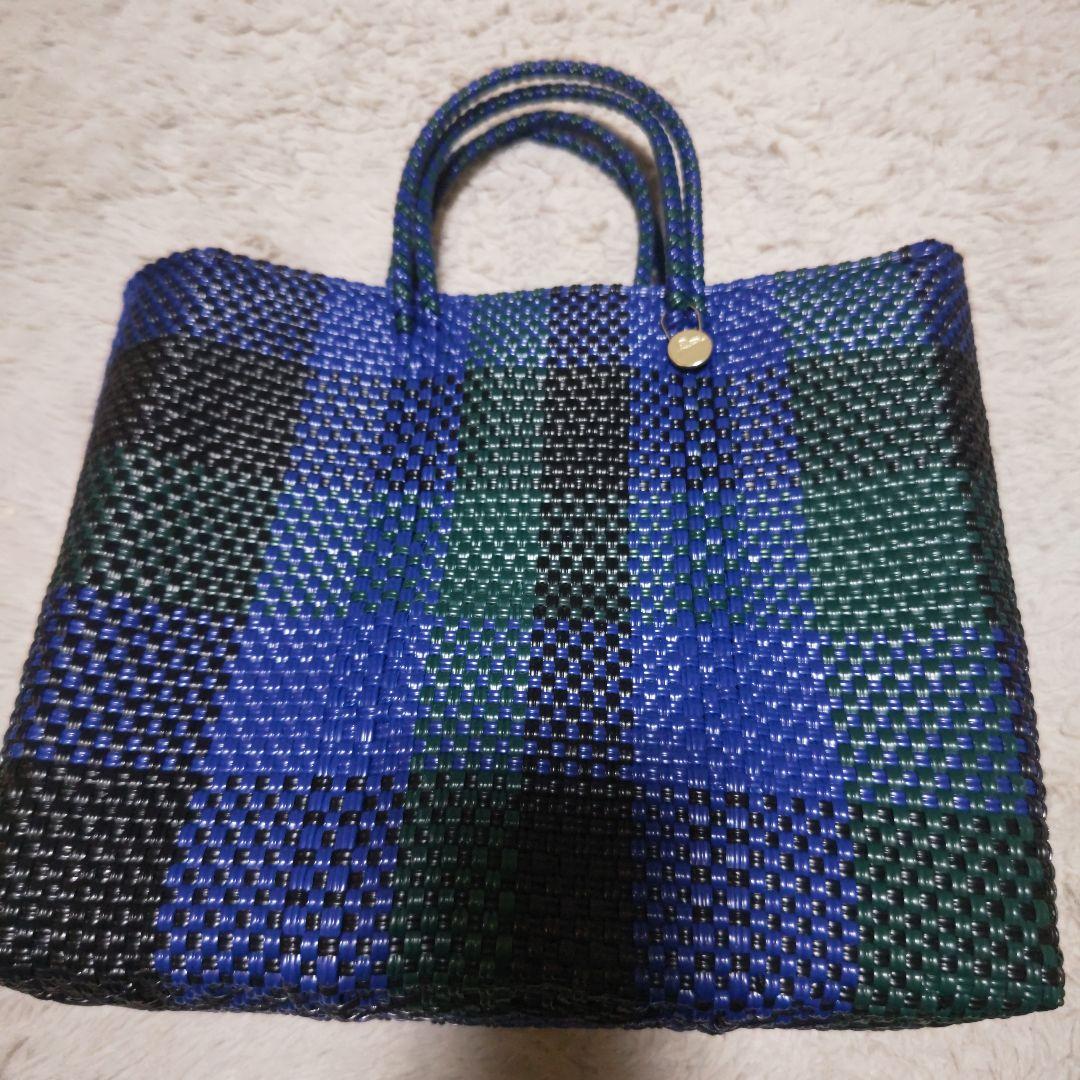レトラ　中型かごバッグ 青緑チェック