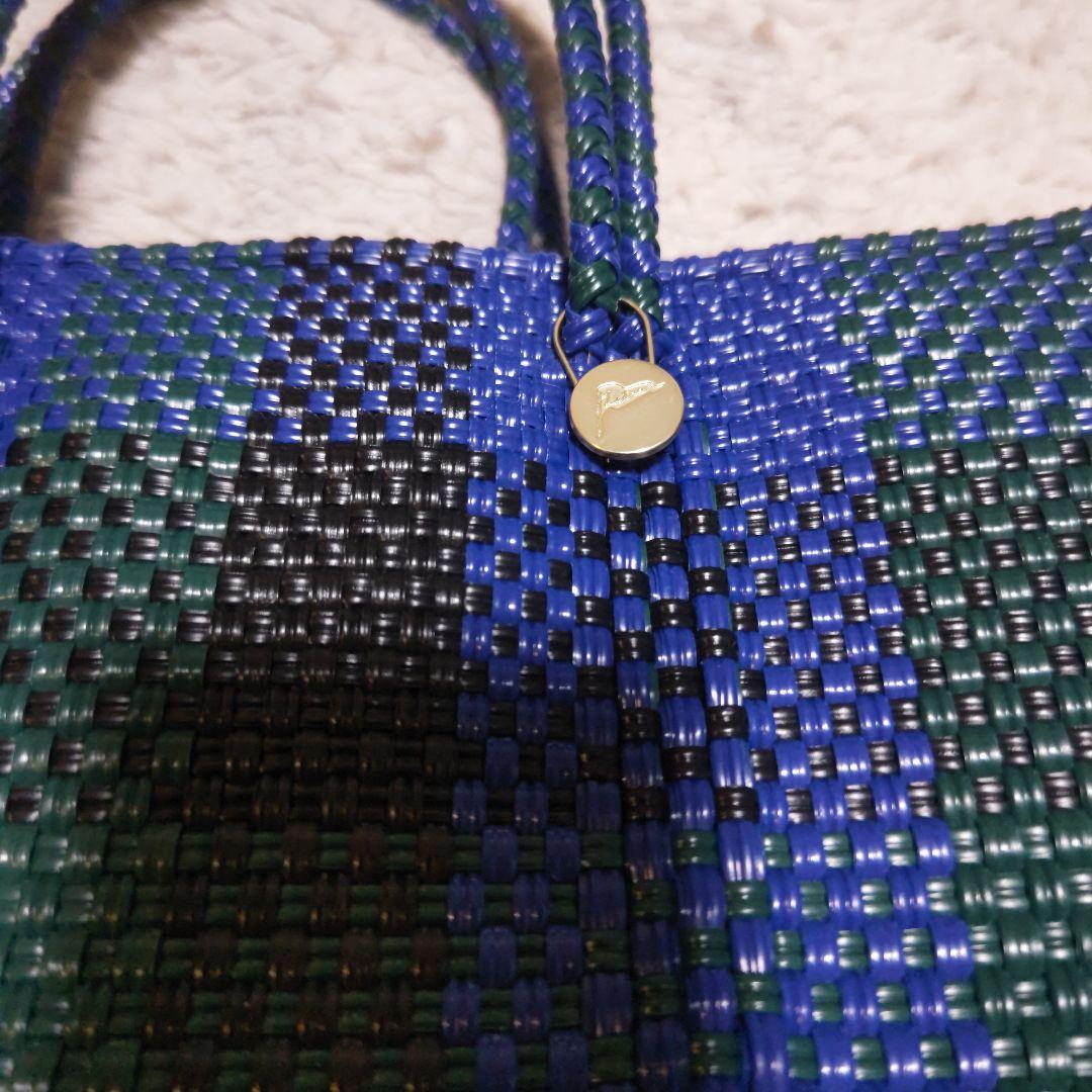 レトラ　中型かごバッグ 青緑チェック