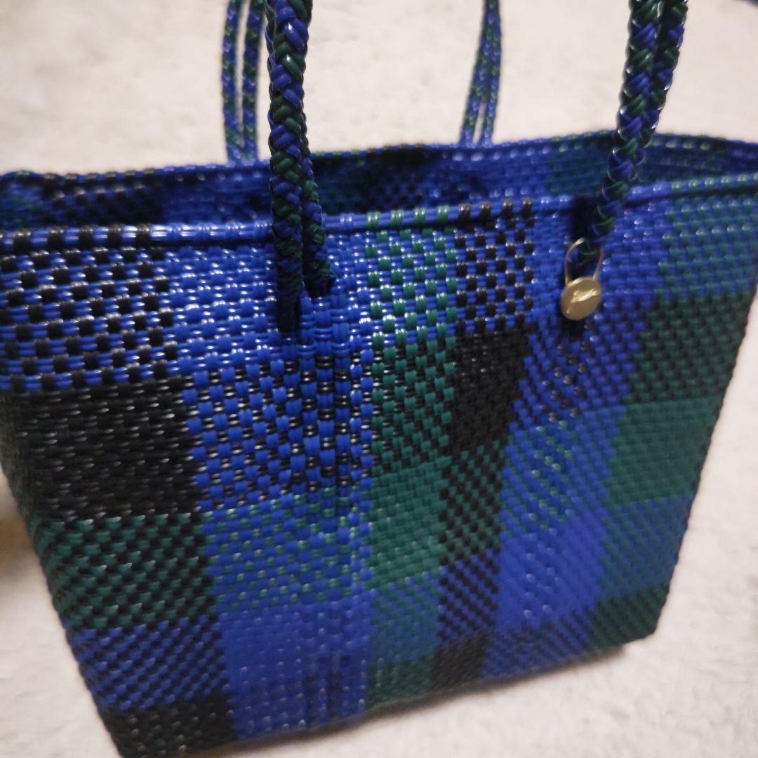 レトラ　中型かごバッグ 青緑チェック