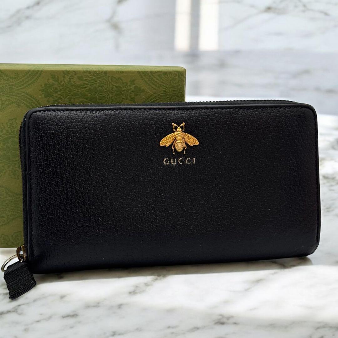 【美品・箱・袋付き】グッチ　アニマリエ　長財布　黒　ラウンドファスナー　蜂　ビー