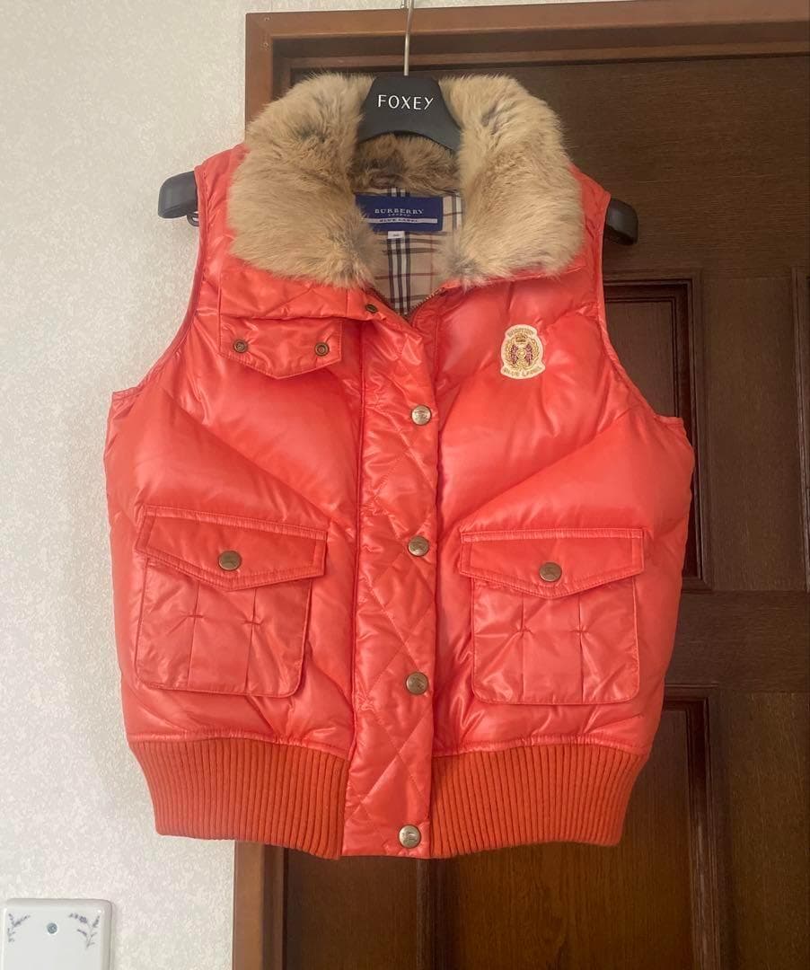 バーバリーブルーレーベル ダウンベスト ラビットファー ノバチェック ワッペン