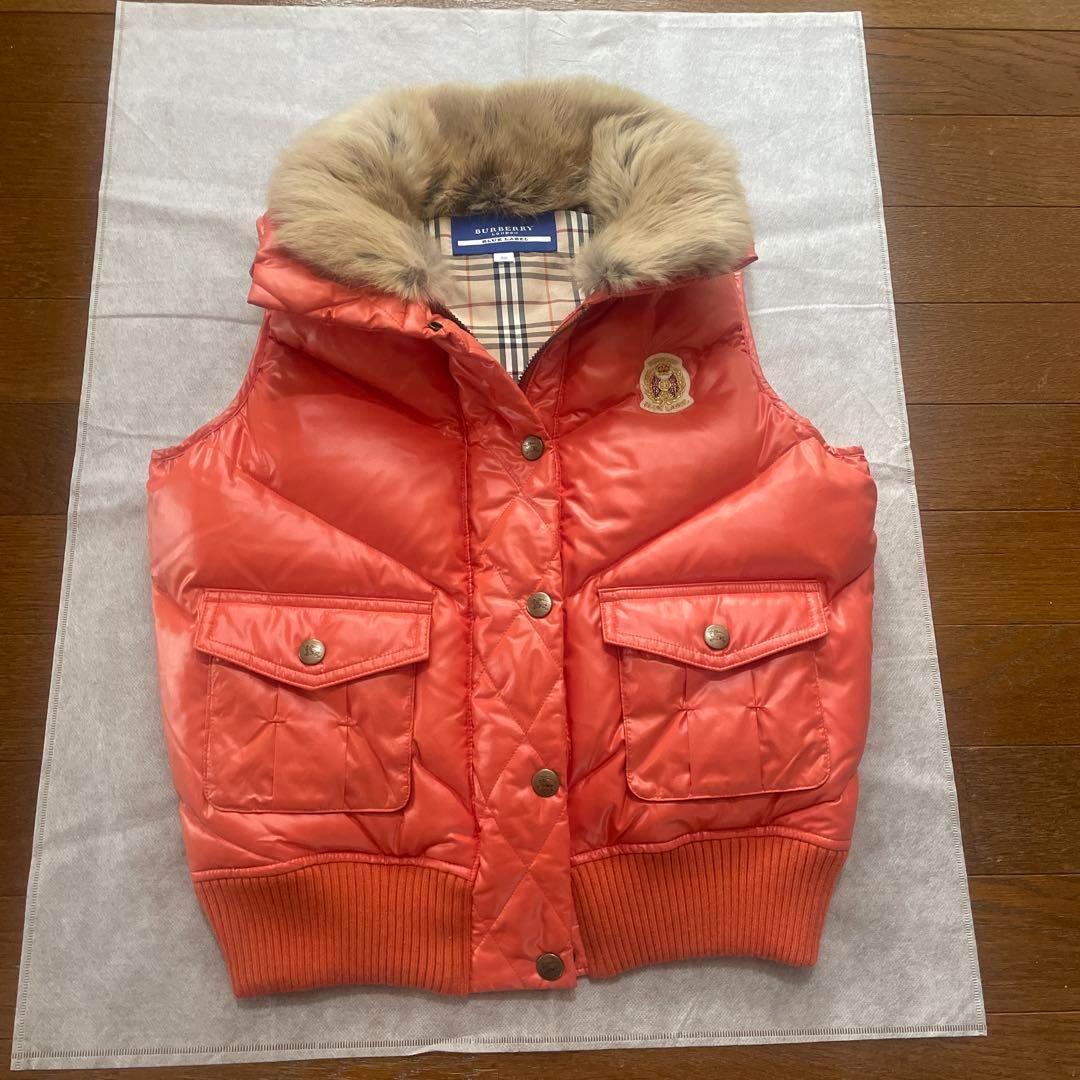 バーバリーブルーレーベル ダウンベスト ラビットファー ノバチェック ワッペン