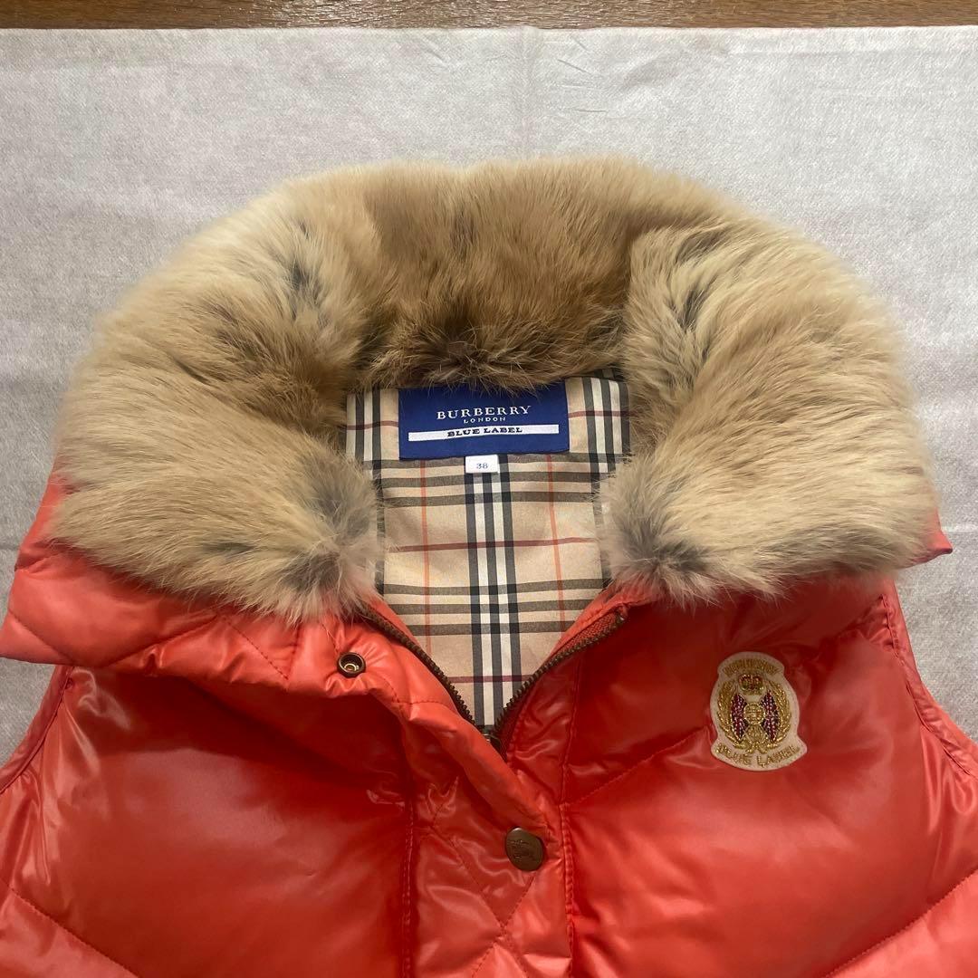バーバリーブルーレーベル ダウンベスト ラビットファー ノバチェック ワッペン