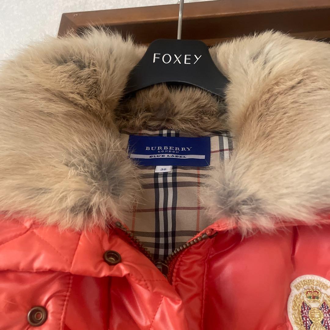 バーバリーブルーレーベル ダウンベスト ラビットファー ノバチェック ワッペン