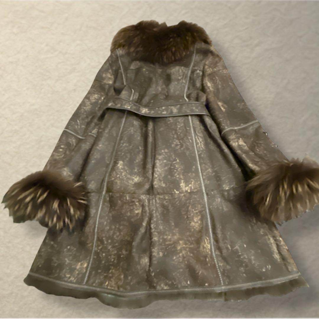 ラムレザー ロングコート ラクーンファー　裏ファー　ベルト メタルボタン　M〜L