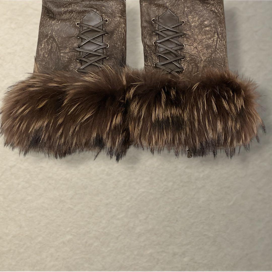 ラムレザー ロングコート ラクーンファー　裏ファー　ベルト メタルボタン　M〜L