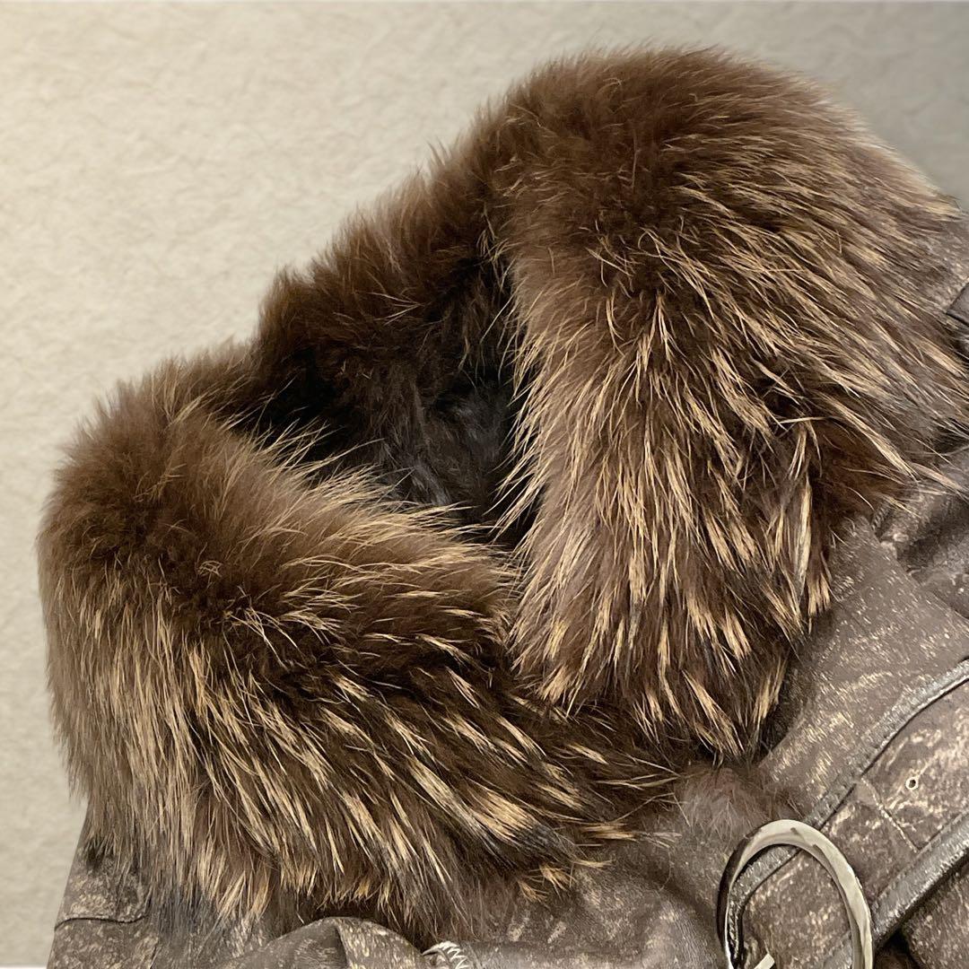 ラムレザー ロングコート ラクーンファー　裏ファー　ベルト メタルボタン　M〜L