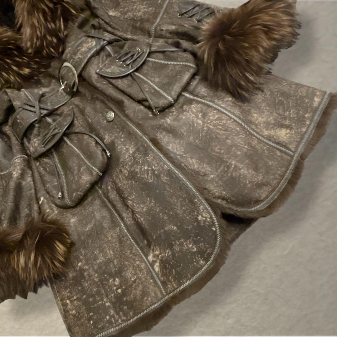 ラムレザー ロングコート ラクーンファー　裏ファー　ベルト メタルボタン　M〜L