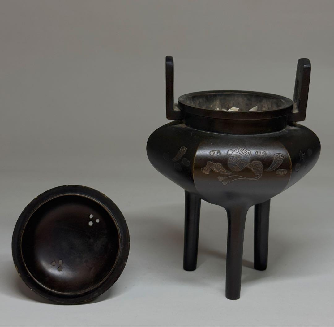 銅製　香炉　獅子蓋　宝尽くし文　銅器　茶道具　茶器　香道具　仏具