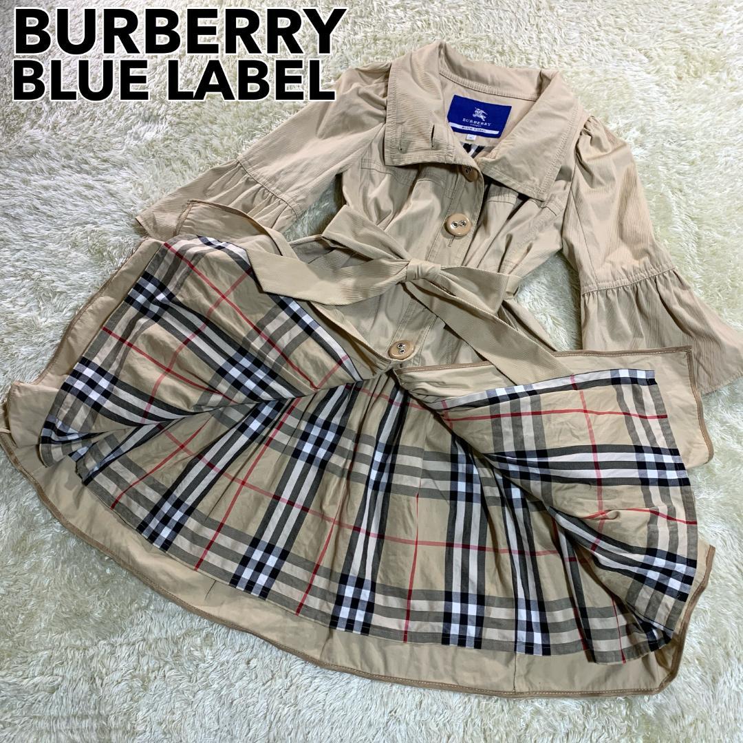 バーバリーブルーレーベル ノバチェック トレンチコート フレア 38 リボン