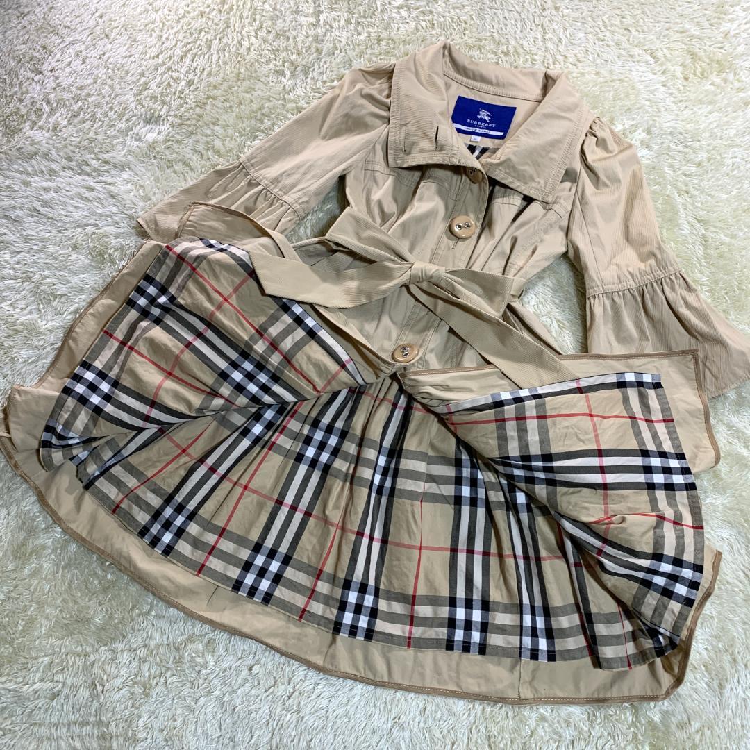 バーバリーブルーレーベル ノバチェック トレンチコート フレア 38 リボン