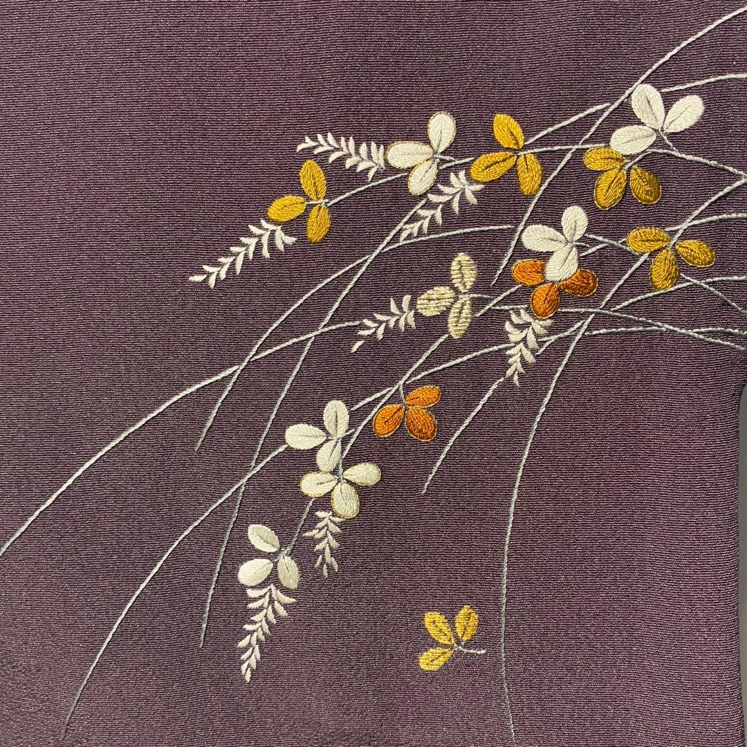 D214 訪問着　刺繍　花模様　正絹　着物　袷　極美品