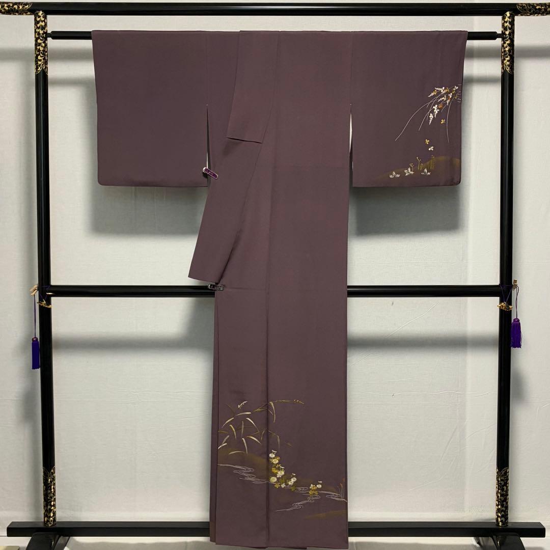 D214 訪問着　刺繍　花模様　正絹　着物　袷　極美品