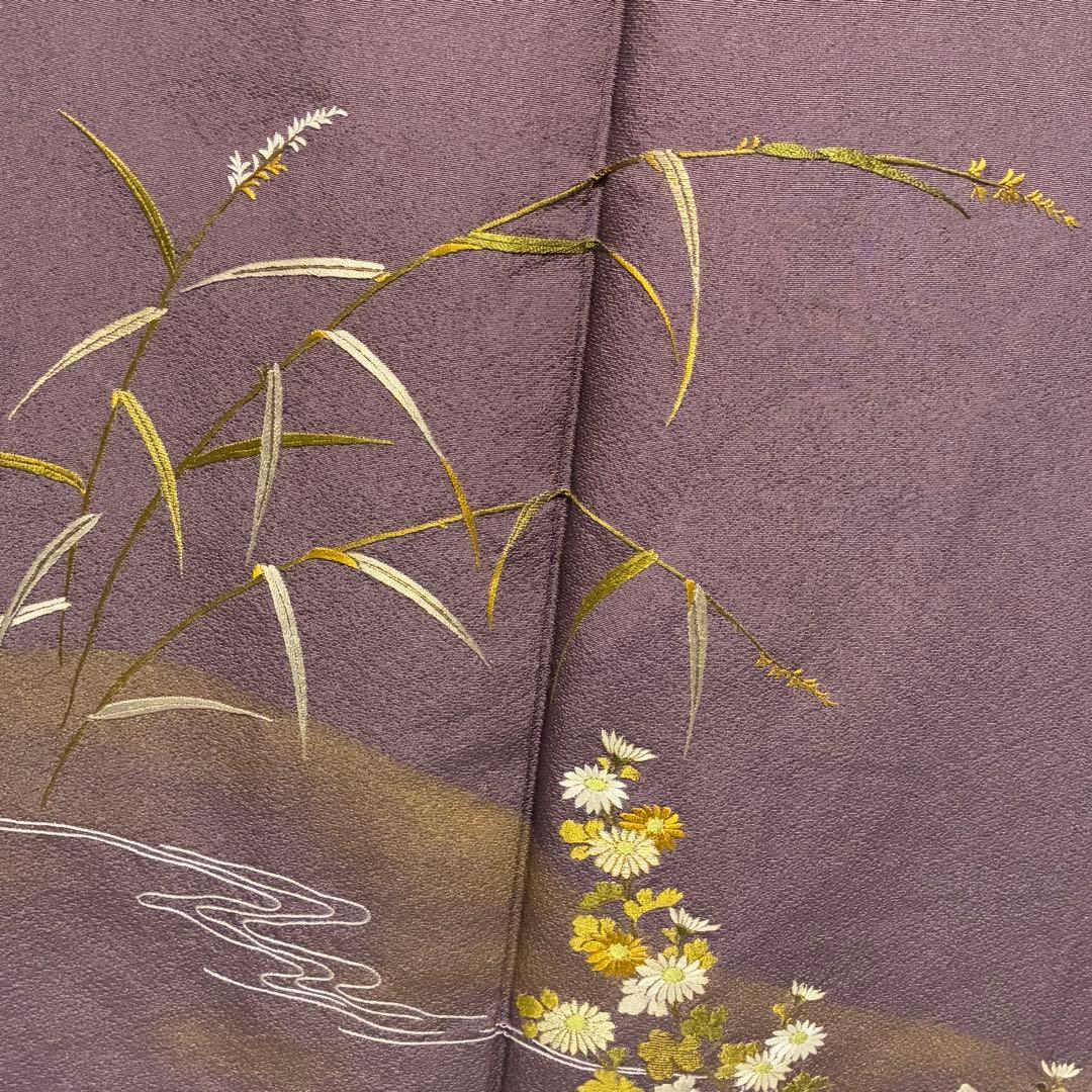 D214 訪問着　刺繍　花模様　正絹　着物　袷　極美品