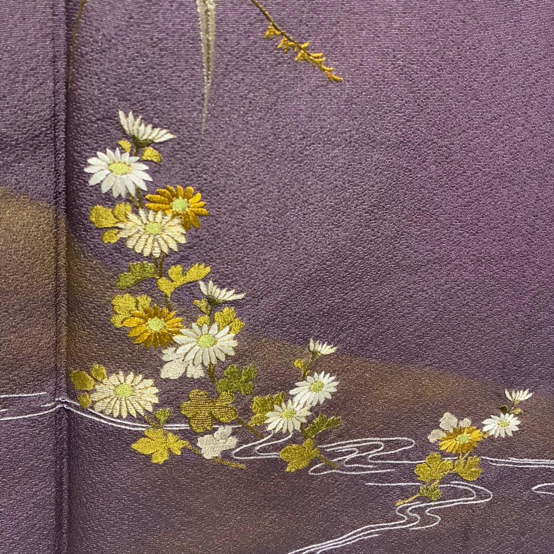D214 訪問着　刺繍　花模様　正絹　着物　袷　極美品