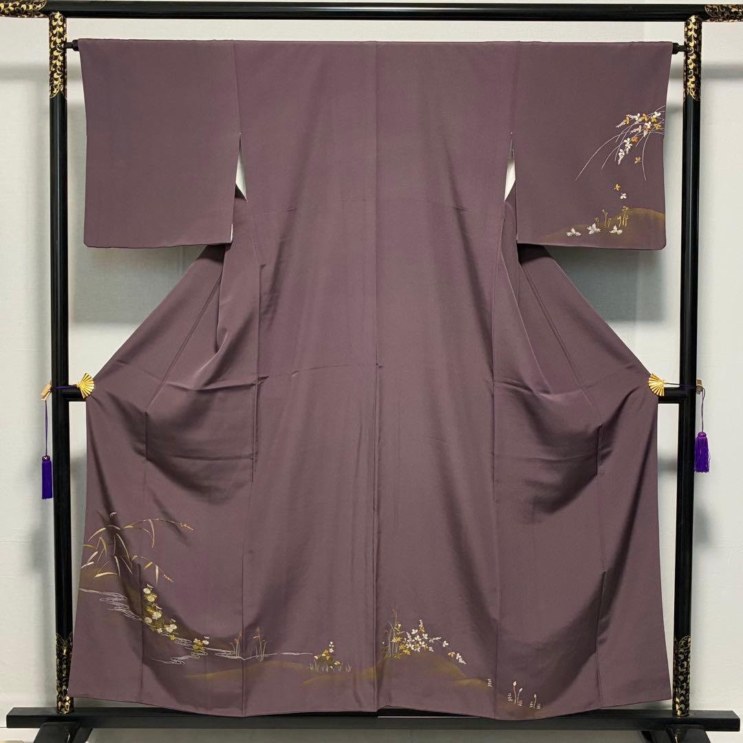 D214 訪問着　刺繍　花模様　正絹　着物　袷　極美品