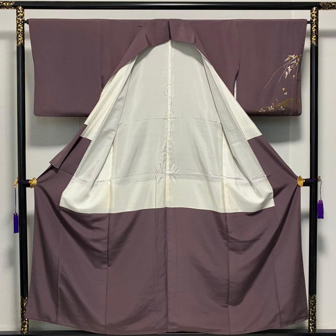 D214 訪問着　刺繍　花模様　正絹　着物　袷　極美品