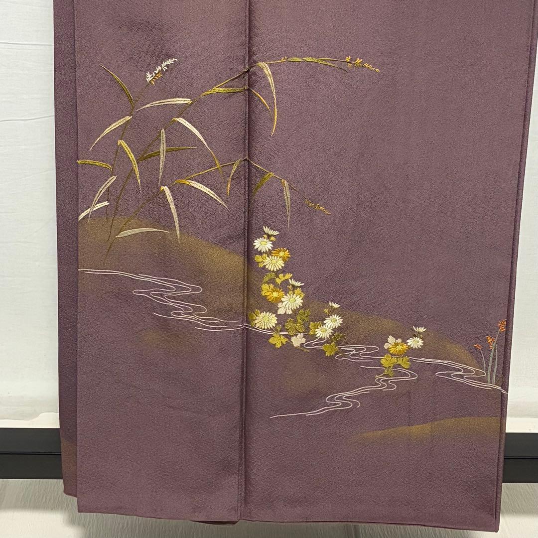 D214 訪問着　刺繍　花模様　正絹　着物　袷　極美品