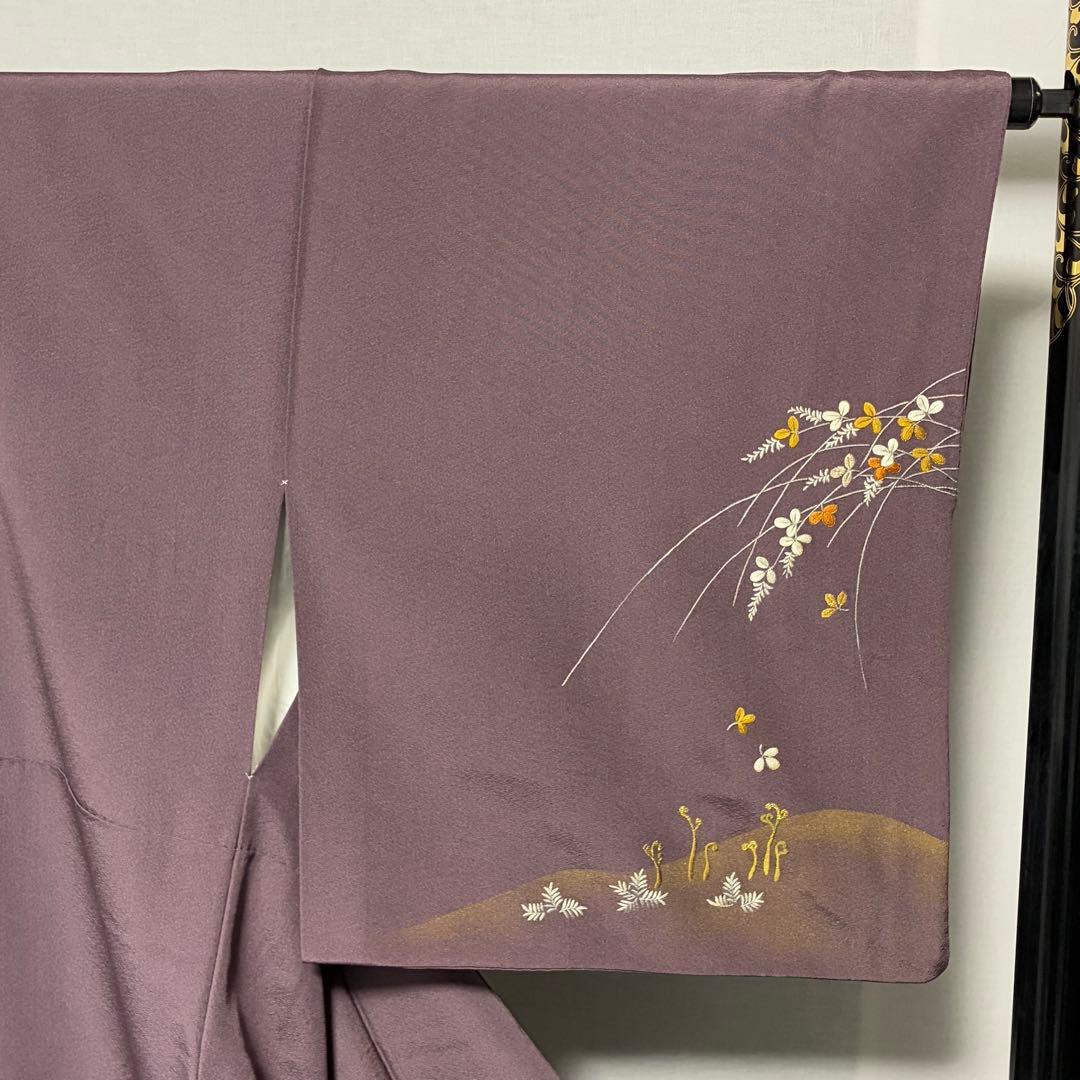 D214 訪問着　刺繍　花模様　正絹　着物　袷　極美品