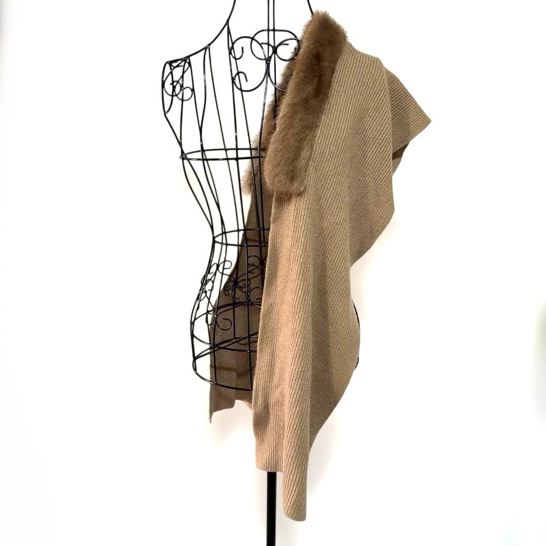 エスマックスマーラ　ベージュ　ミンクファー付リブ編ショール　マフラー　カシミヤ混