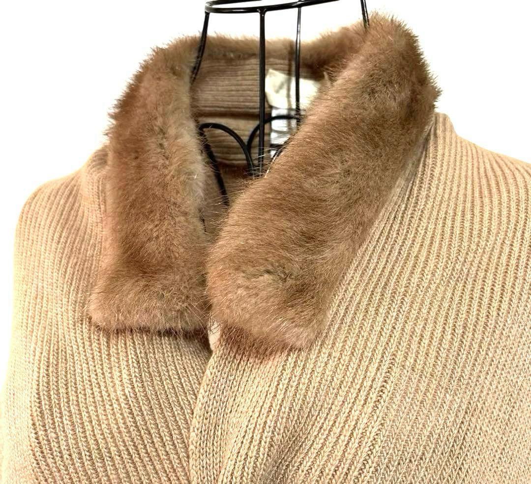 エスマックスマーラ　ベージュ　ミンクファー付リブ編ショール　マフラー　カシミヤ混
