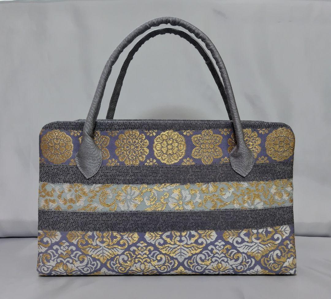 青灰　帯地　利休バッグ 　和装バッグ